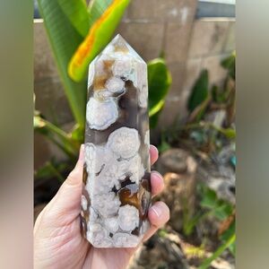 Black Flower Agate Druzy Tower with Carnelian